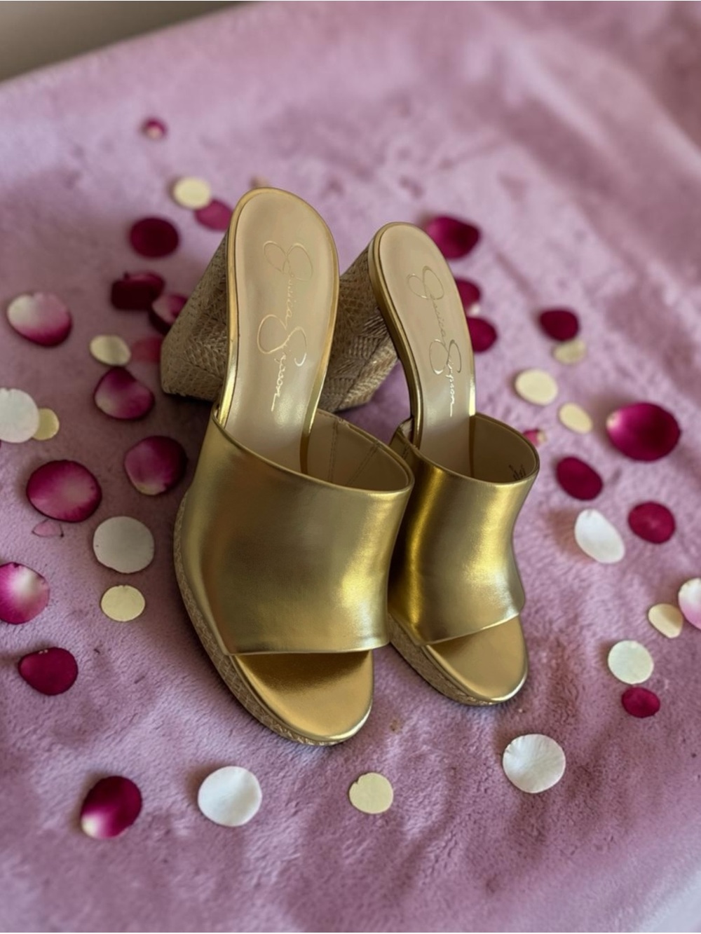 Jessica Simpson Metallic Gold Espadrille Wedge Slides